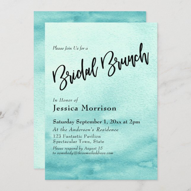 Aquamarin Watercolor Ombre Bridal Brunch Einladung (Vorne/Hinten)