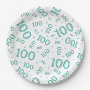 Aquamarin/weiß 100. Geburtstagspartmuster Pappteller