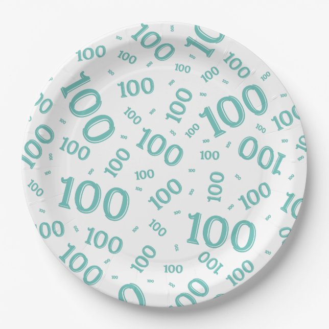 Aquamarin/weiß 100. Geburtstagspartmuster Pappteller (Vorderseite)