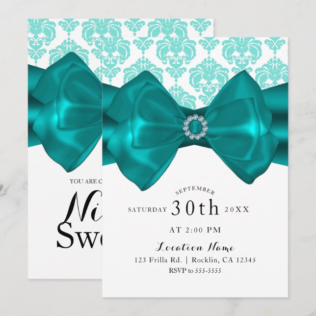 Aquamarin & weiß Damask Bow Glam Chic Sweet 16 Par Einladung (Vorne/Hinten)