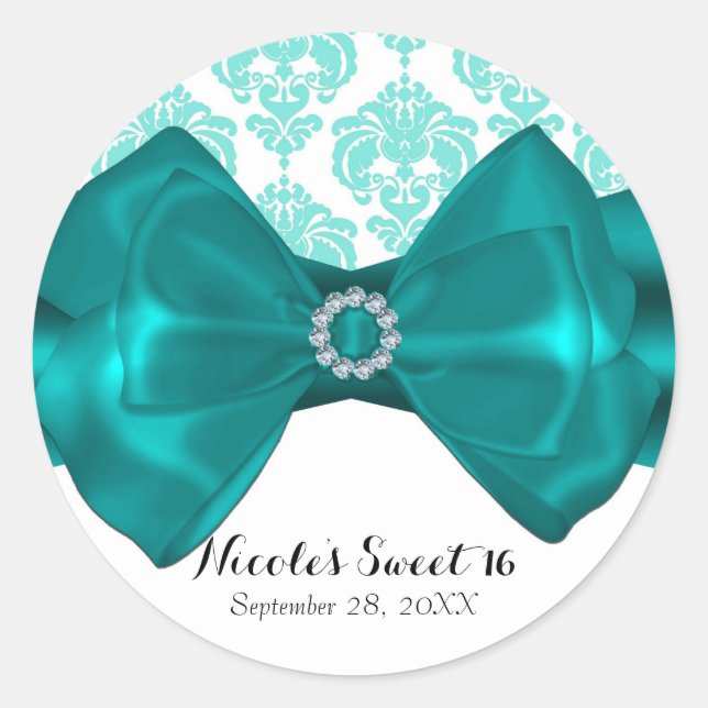 Aquamarin & weiß Damask Chic Bow Glam Sweet 16 Par Runder Aufkleber (Vorderseite)