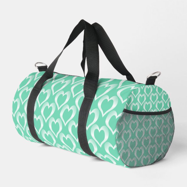 Aquamarin Weiße Herzen Muster Duffle Bag (Rechte Ecke)
