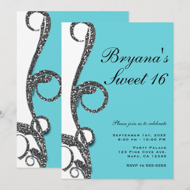 Aquamarin Weißer Silberschmiedehaltiger Glitzer Sw Einladung (Vorne/Hinten)