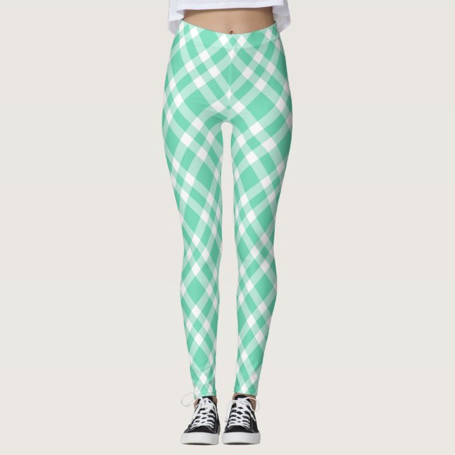 Aquamarin weißes Karomuster Leggings (Vorderseite)