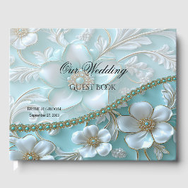 Aquamarin White Floral Guest Book Gästebuch
