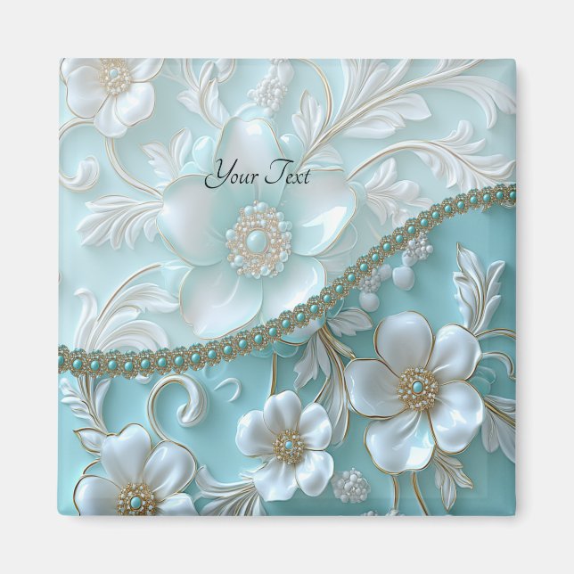 Aquamarin White Floral Magnet (Vorne)