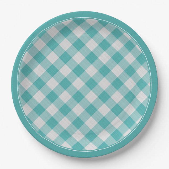 Aquamarin/White Gingham Karo Muster Einfach Karier Pappteller (Vorderseite)