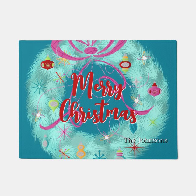 Aquamarin Wreath Retro Weihnachten Fußmatte (Vorderseite)