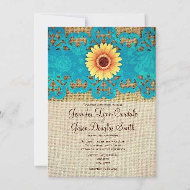 Aquamarin Yellow Daisy Rustic Wedding Einladungen (Vorderseite)