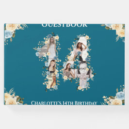 Aquamarine 14. Geburtstagsfoto Collage Gelbe Blume Gästebuch