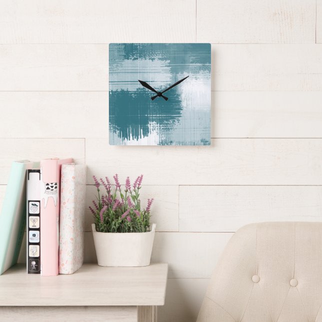 Aquamarine Abstrakte Pinselstriche Quadratische Wanduhr (Lesesaal)