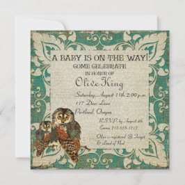 Aquamarine Amber Owls Babydusche Einladung