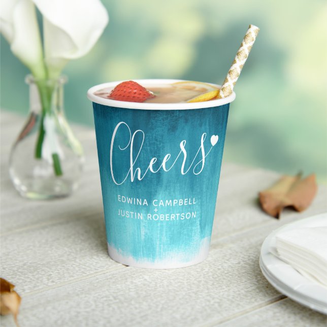 Aquamarine aqua-blaue abstrakte Hochzeitspapierbec Pappbecher (In Situ)