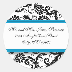 Aquamarine Aqua Blue Black Damask Anschrift Hochze Runder Aufkleber