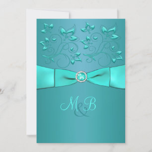 Aquamarine, Aqua Floral II Monogramm Hochzeitseinl Einladung