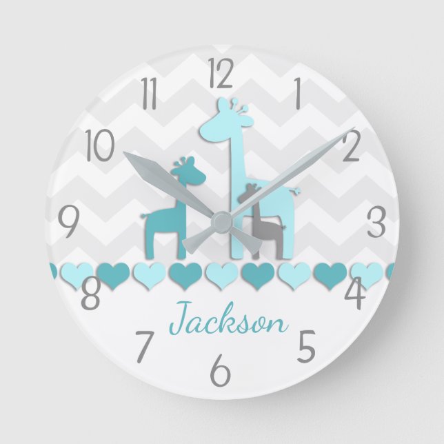 Aquamarine Aqua Gray Giraffe Kinderzimmer Wall Clo Runde Wanduhr (Vorderseite)