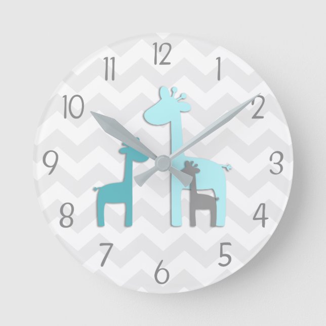 Aquamarine Aqua Gray Giraffe Kinderzimmer Wall Clo Runde Wanduhr (Vorderseite)