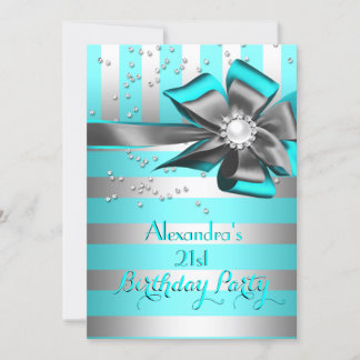 Aquamarine Aqua Silver Stripe Bow Pearl Geburtstag Einladung