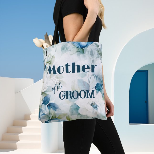 Aquamarine Aquarellfarben-Blume Elegante Hochzeit (Elegant wedding tote bag featuring watercolor flowers in blue teal with white - mother of the groom)