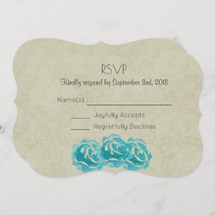 Aquamarine Aquarellfarben-Rose auf Tan Damask Hoch Einladung