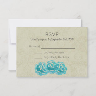 Aquamarine Aquarellfarben-Rose auf Tan Damask Hoch RSVP Karte