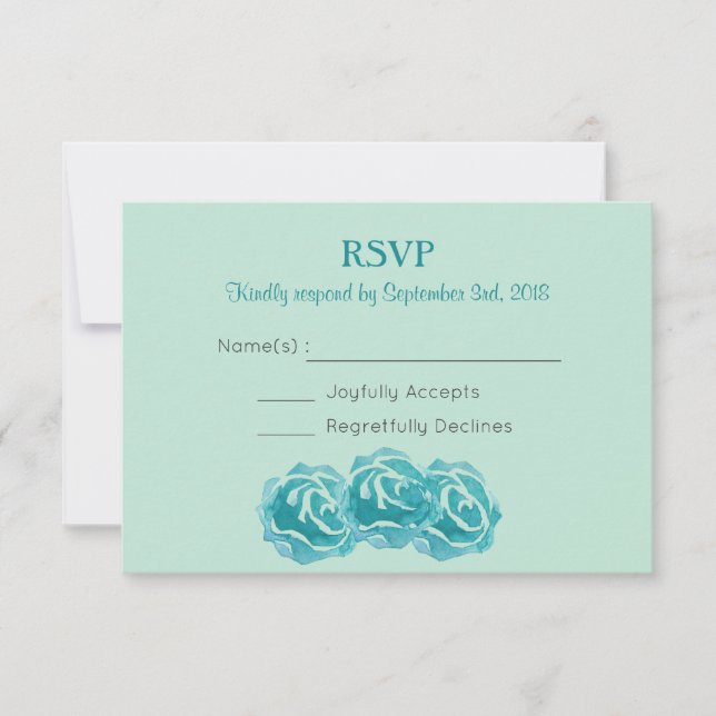 Aquamarine Aquarellfarben-Rose Hochzeitsszenario RSVP Karte (Vorderseite)