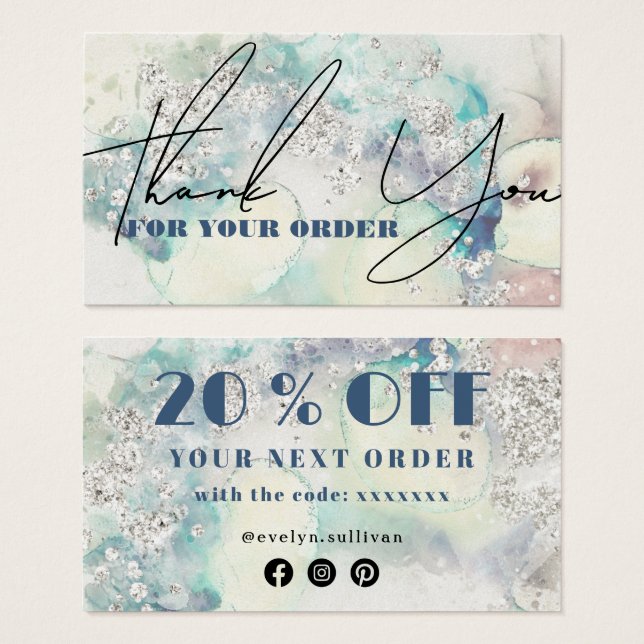 Aquamarine Aquarellsilber Glitzer Discount Card (Vorne & Hinten)