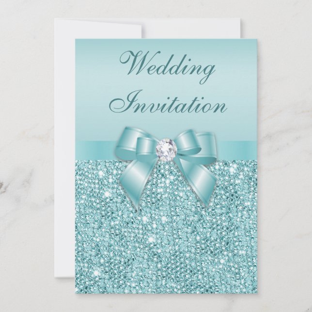 Aquamarine Auflage Diamonds Imitats Bow Hochzeit Einladung (Vorderseite)