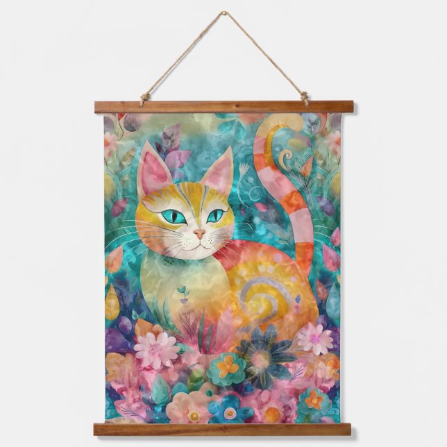 Aquamarine Augen Whimsikkatze Wandteppich Mit Holzrahmen (Vorderseite)