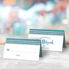 Aquamarine Bar Mitzvah Silver Tallit Script Modern Platzkarte