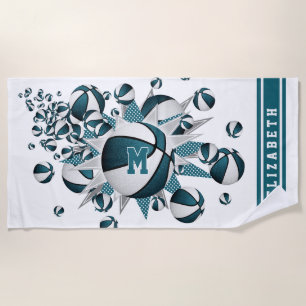 aquamarine Basketball-Stars mit Monogramm Strandtuch