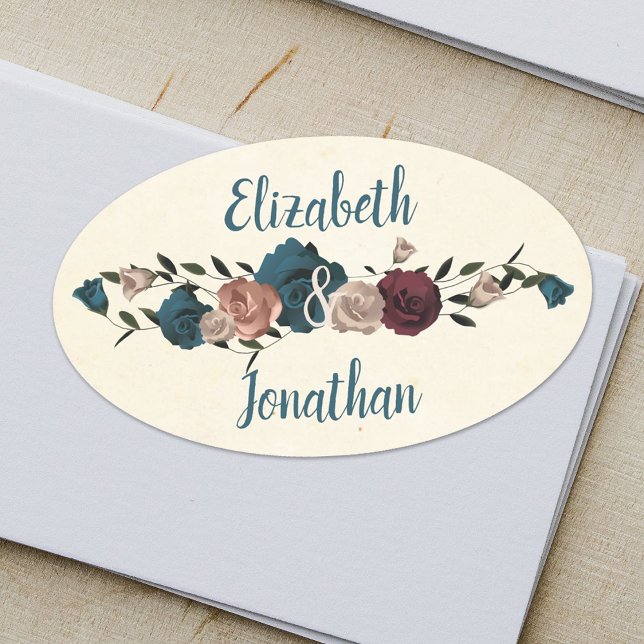 Aquamarine, beige, burgundy-ovale Rose Sticker (Oval Wedding Sticker Label with Couple's Names, Teal, Beige, Burgundy Roses Botanical Theme)