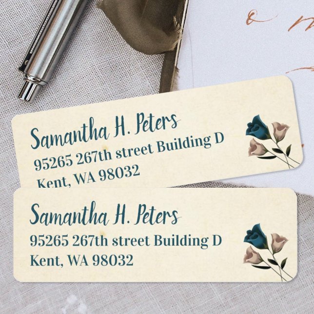 Aquamarine, beige Garden Rose Mailing Labels (Teal, ivory, off white address labels with roses, teal script writing, simple roses)