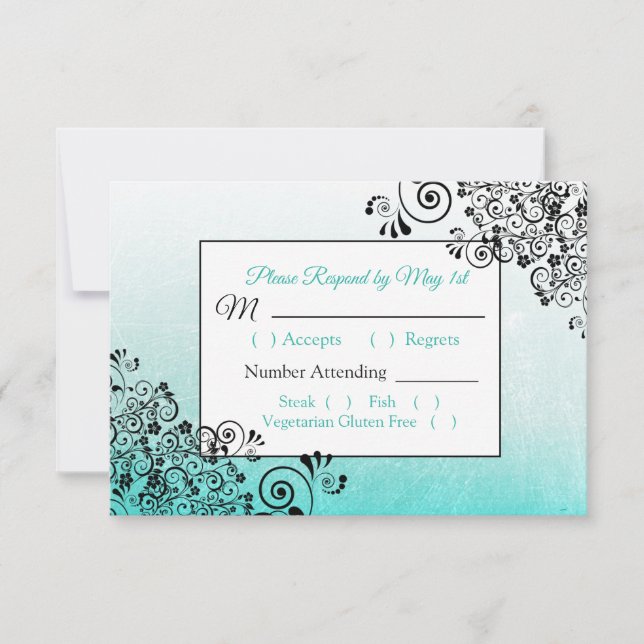Aquamarine Black Scratch Texture Wedding RSVP Kart (Vorderseite)