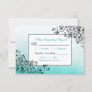 Aquamarine Black Scratch Texture Wedding RSVP Kart