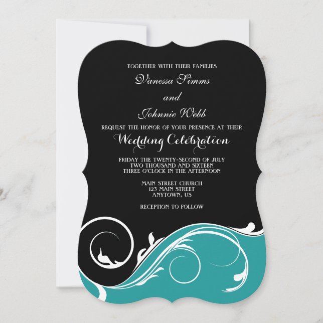 Aquamarine Black Swirl Bracket Wedding lädt ein Einladung (Vorderseite)