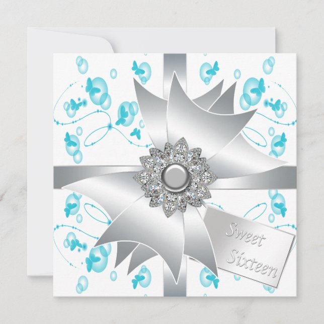 Aquamarine Blasen Schmetterlinge Süß 16 Party Einladung (Vorderseite)