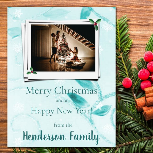 Aquamarine Blätter Flat Holiday Fotokarte Feiertagskarte (Teal Leaves Flat Holiday Photo Card)