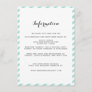 Aquamarine blau gestreifte Hochzeitskarte Beipackk Begleitkarte