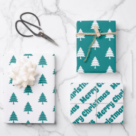 Aquamarine Blau- und Weißbäume Frohe Weihnachtsfei Geschenkpapier Set