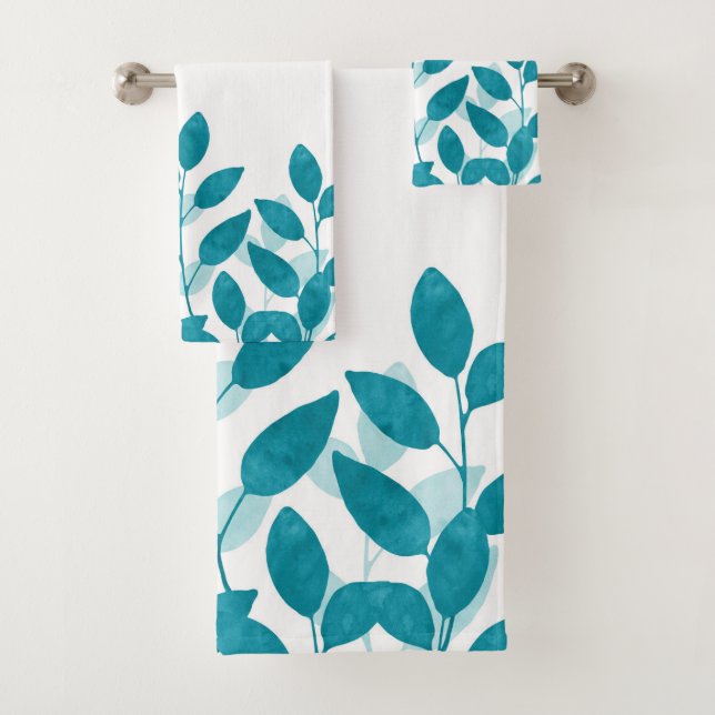 Aquamarine blaue Aquarellfarben-Blätter Badhandtuch Set (Insitu)