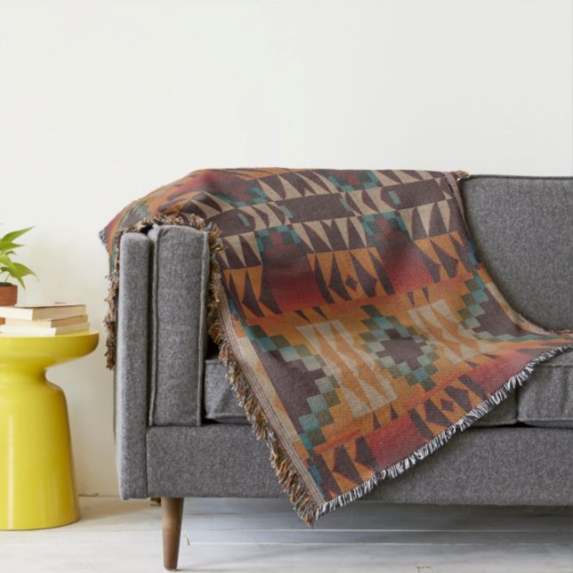 Aquamarine blaue Dunkelrot-Beige Braun-Orange Trib Decke (Von Creator hochgeladen)