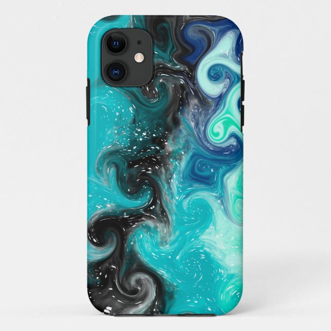 Aquamarine, blaue und schwarze Flüssig-Wirbel Case-Mate iPhone Hülle (Rückseite)