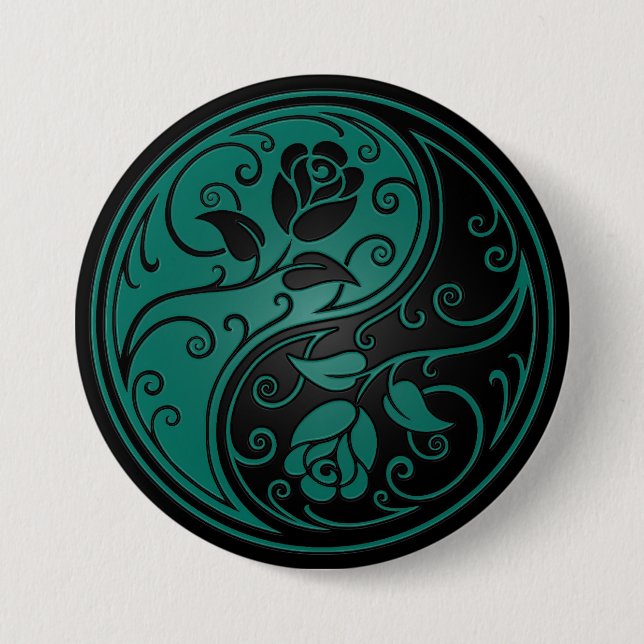 Aquamarine blaue und schwarze Yin Yang Rosen Button (Vorderseite)