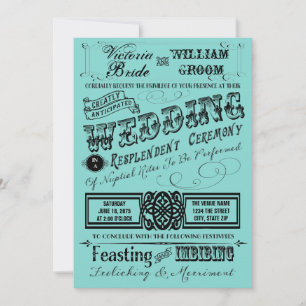 Aquamarine blaue Vintage Typografie-Hochzeit Einladung