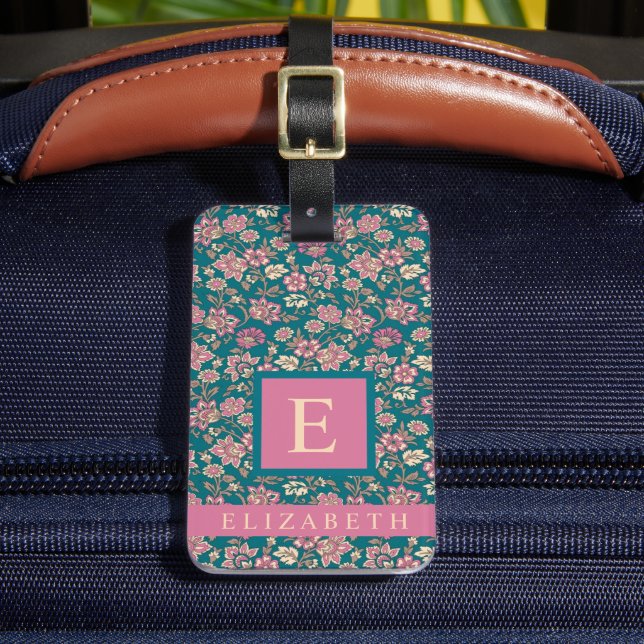 Aquamarine blaugrüne Blumenrosa-Blume Gepäckanhänger (Vorderseite Insitu 2)