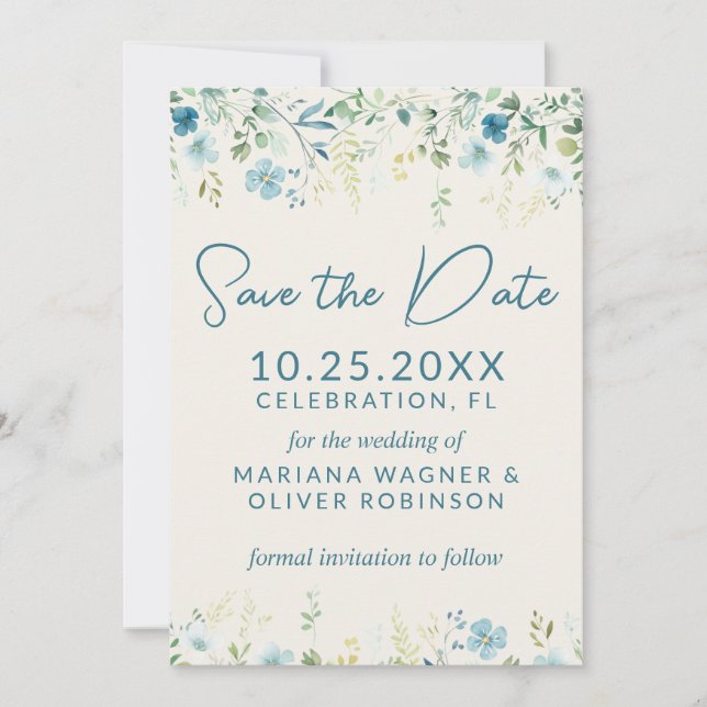 Aquamarine Blue Beige Wildblumen Save the Date Car Einladung (Vorderseite)