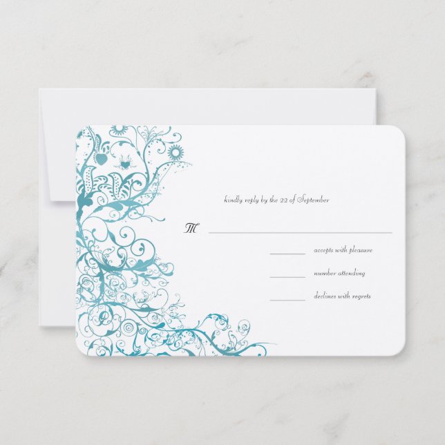 Aquamarine Blue Birds Wirbel Hochzeitsszenario RSV RSVP Karte (Vorderseite)