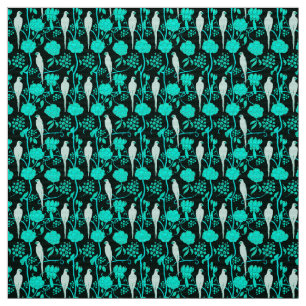AQUAMARINE BLUE-BLUMEN UND WEISSE PARROTEN AUF SCH STOFF