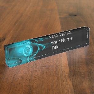 AQUAMARINE BLUE FRAKTAL ROSE IN SCHWARZ,Abstrakte  Namensplakette